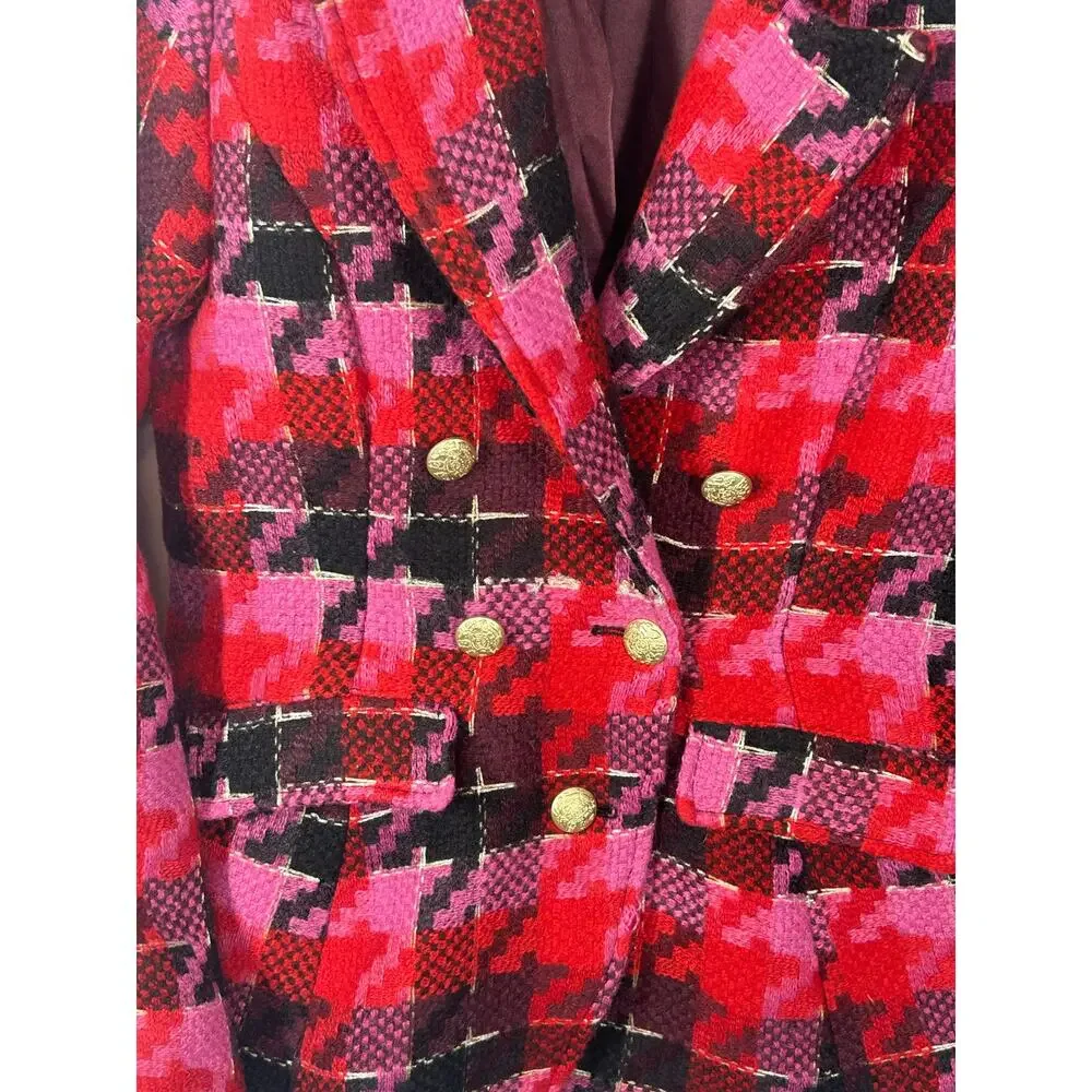 Anthropologie Exploded Plaid Tweed Blazer Medium Red Pink Gold Button Jacket